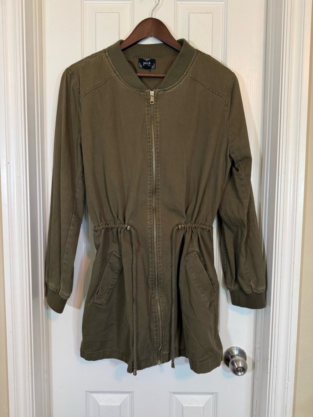 Perch By Blu Pepper Perch Olive Green Drawstring Longline Bomber Utility Jacket - Picture 3 of 14